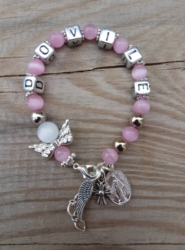 Rožinė apyrankė (katės akis) su Šv.Mergelės Marijos medalionu