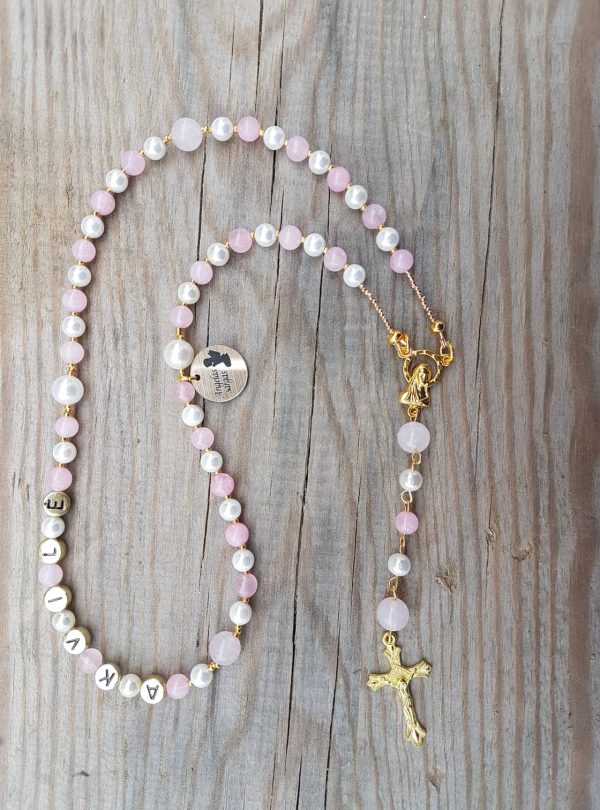 Ema - rožančius, rožinis kvarcas ir stiklo perliukai