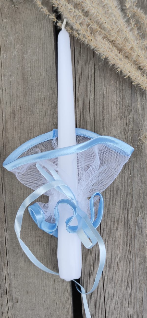 Tiulio, žydors spalvos apsiuvimu žvakės papuošimas